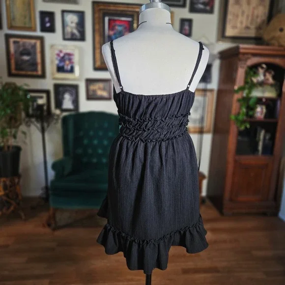 Vintage Y2K Liberty Love Black Ruffle Spaghetti Strap Smocked Waist Mini Dress - Picture 5 of 7